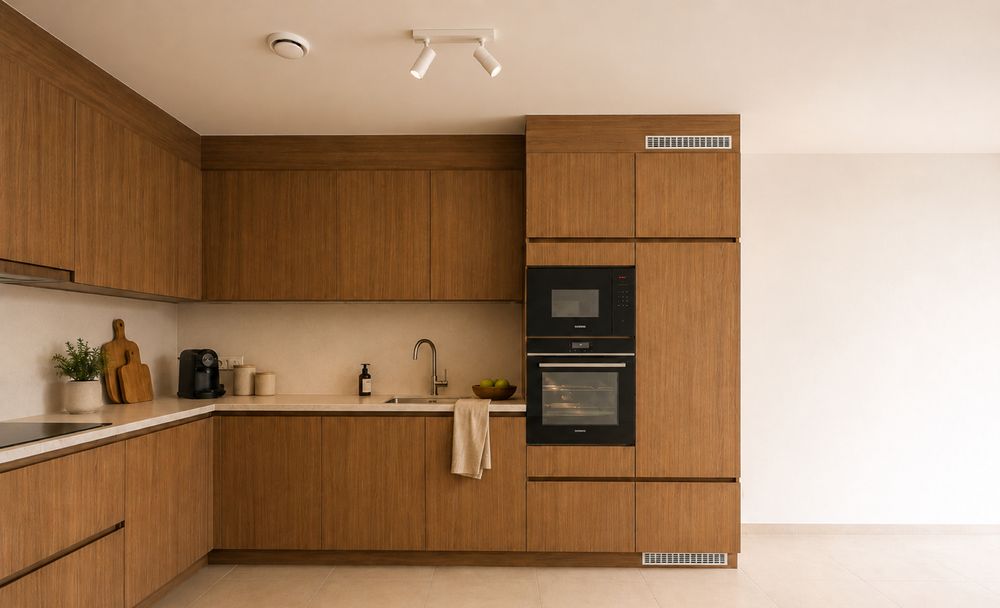Sfeerbeeld van de leefkeuken met houten maatkasten in Veertien
